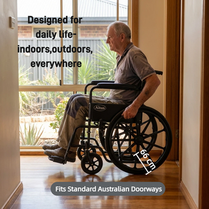With an overall width of 66cm, the Altus wheelchair fits through most standard Australian doorways, making it suitable for daily indoor and outdoor movement.