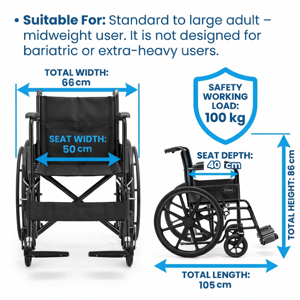 Wheelchair specifications: overall width 66cm, seat width 50cm, seat depth 40cm, total height 86cm, total length 105cm, and maximum safe user weight 100kg.