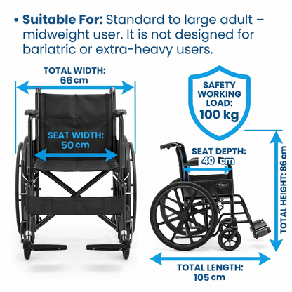 Wheelchair specifications: overall width 66cm, seat width 50cm, seat depth 40cm, total height 86cm, total length 105cm, and maximum safe user weight 100kg.