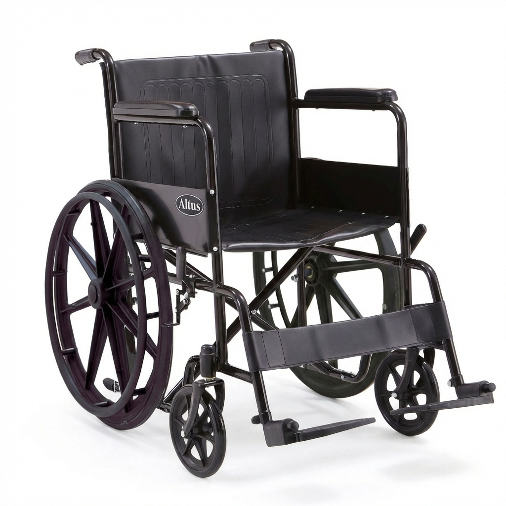Product overview of the Altus manual wheelchair, featuring a matte black metal frame with black seat and backrest. Equipped with large rear wheels and anti slip textured footrests, the design highlights durability, stability, and a clear Altus brand identity.