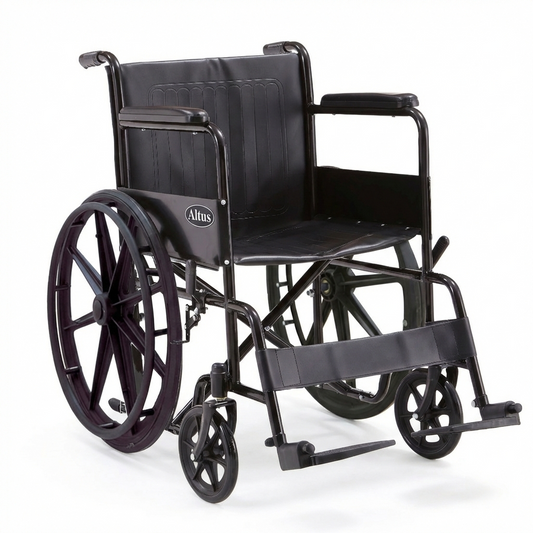 Product overview of the Altus manual wheelchair, featuring a matte black metal frame with black seat and backrest. Equipped with large rear wheels and anti slip textured footrests, the design highlights durability, stability, and a clear Altus brand identity.