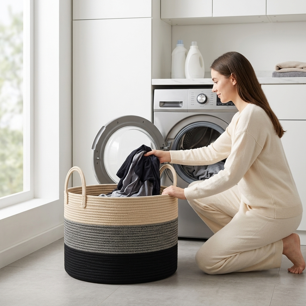 A woman in a cream pajama set kneels on a tiled floor in a bright laundry room, placing dark gray clothes into a large rope-style laundry basket with beige, gray, and black sections.