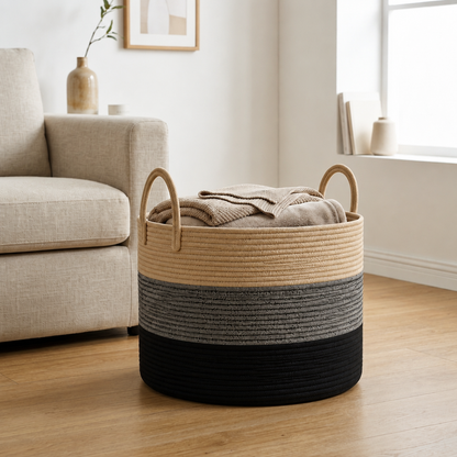 A round woven storage basket with two handles sits on a light wood floor in a bright living room. The basket has a natural beige top section, a gray middle band, and a black bottom band, with a folded beige blanket or towel resting inside.