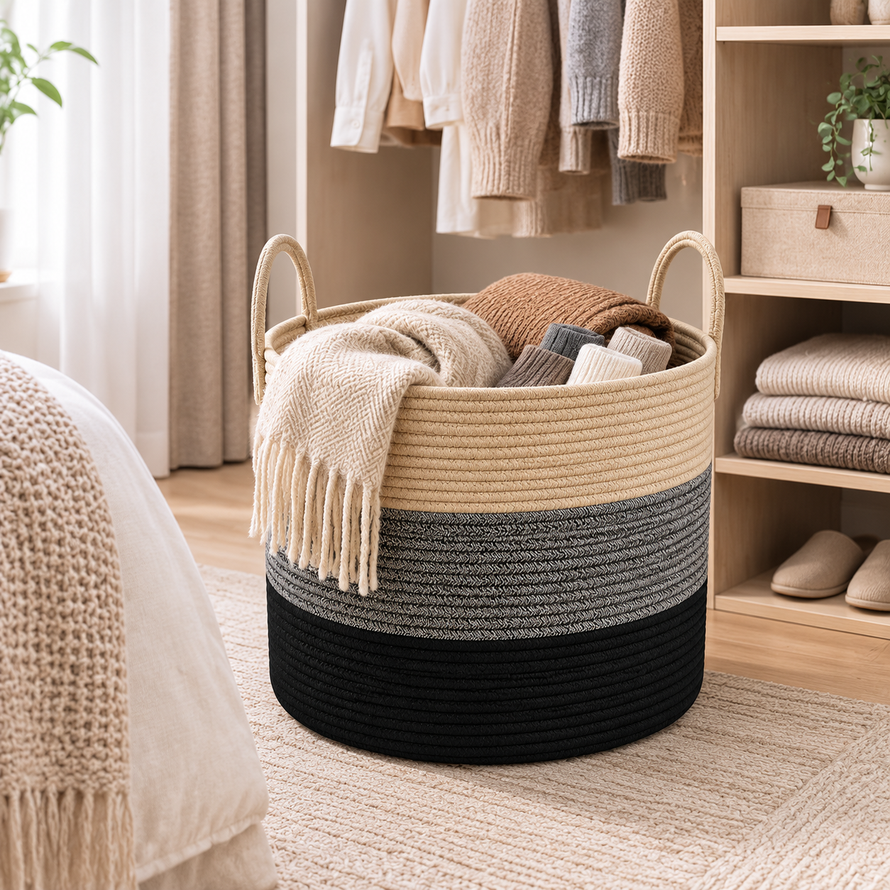 A rope-woven storage basket with two handles, featuring horizontal stripes in beige, gray, and black, filled with folded blankets and a cream throw, set in a cozy bedroom or closet area.