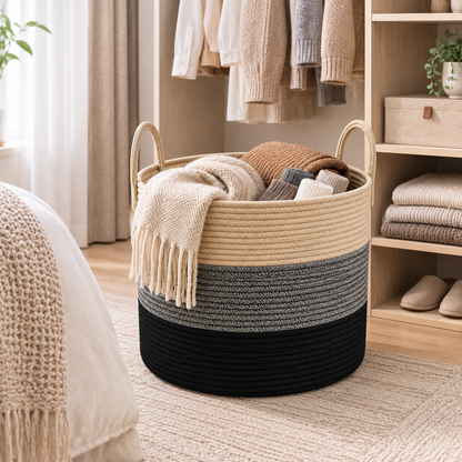A rope-woven storage basket with two handles, featuring horizontal stripes in beige, gray, and black, filled with folded blankets and a cream throw, set in a cozy bedroom or closet area.
