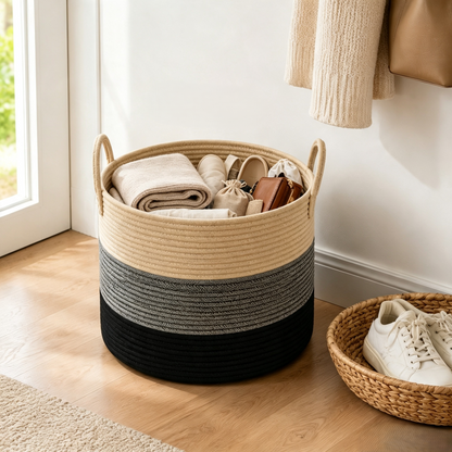 A round rope storage basket with side handles sits on a wood floor in a bright room. The basket has a three-tone color-blocked design: natural beige on top, medium gray in the middle, and black on the bottom.