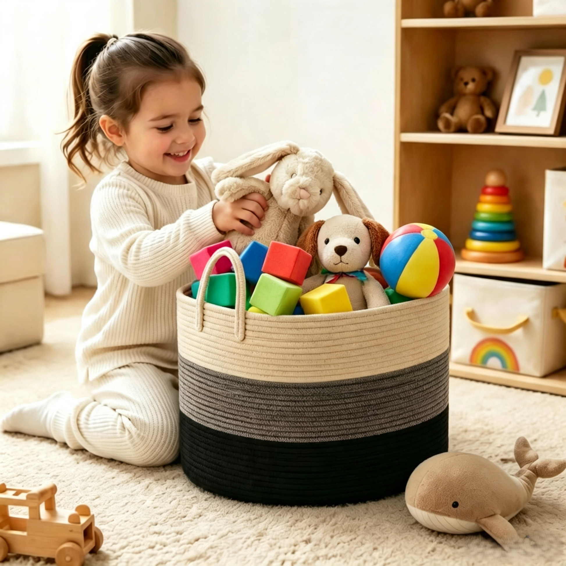 A young girl with a ponytail sits on a cream carpet in a bright children's room, smiling and holding a plush bunny inside a large rope-textured storage basket filled with toys. The basket has a beige top section, a dark gray middle band, and a black bottom band.