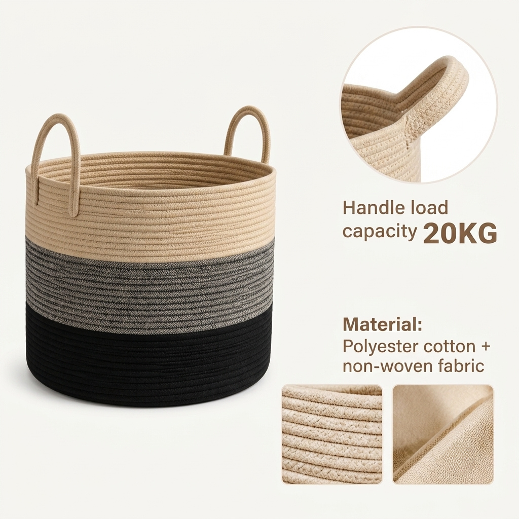 A rope-style storage basket with two loop handles, shown on a light warm background with feature callouts. The basket has horizontal color bands: beige on top, medium gray in the middle, and black on the bottom.