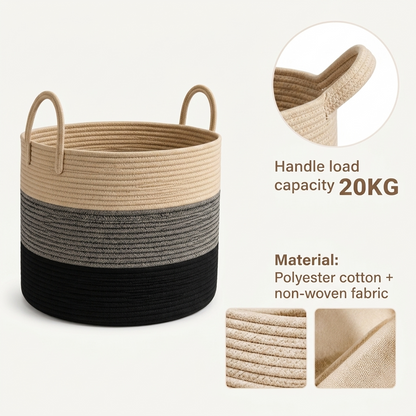 A rope-style storage basket with two loop handles, shown on a light warm background with feature callouts. The basket has horizontal color bands: beige on top, medium gray in the middle, and black on the bottom.