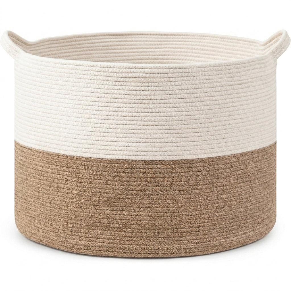 A round rope storage basket with two side handles, featuring a two-tone design with a cream upper half and a natural tan lower half, set against a plain white background.