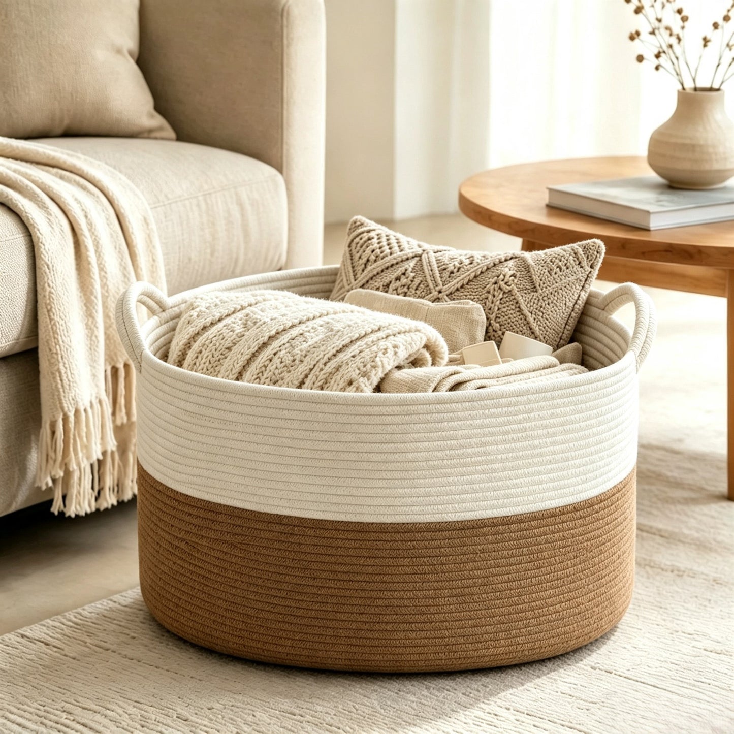 A round woven storage basket with a two-tone design, featuring a cream upper band and a natural brown rope lower half. The basket is filled with neutral-toned knit blankets and pillows, set in a bright, modern living room next to a sofa and a wooden side table.