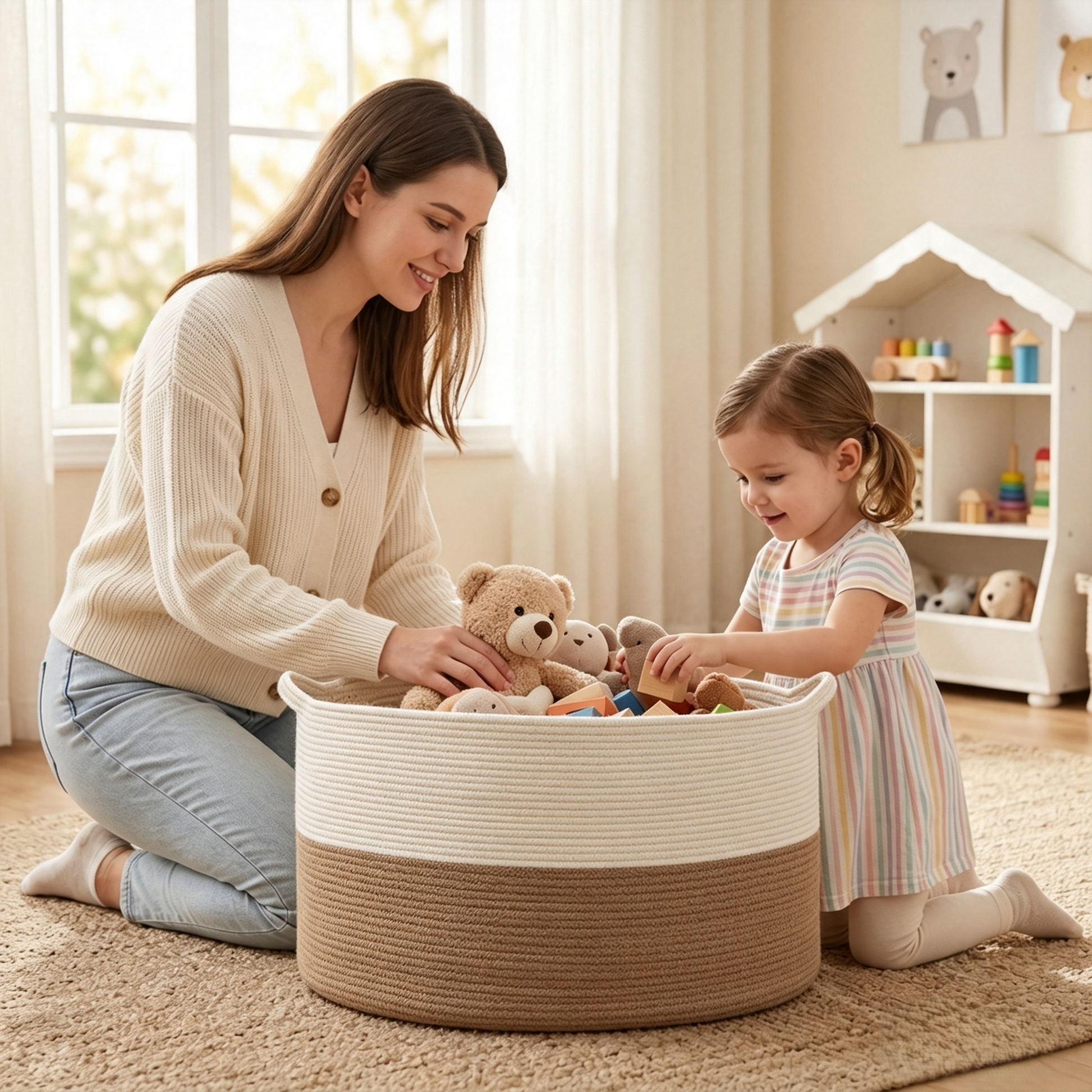 A woman and a young child sit on a carpeted floor in a bright nursery, playing with a teddy bear inside a round two-tone basket. The basket has a cream upper section and a natural tan lower section, and is filled with stuffed toys.