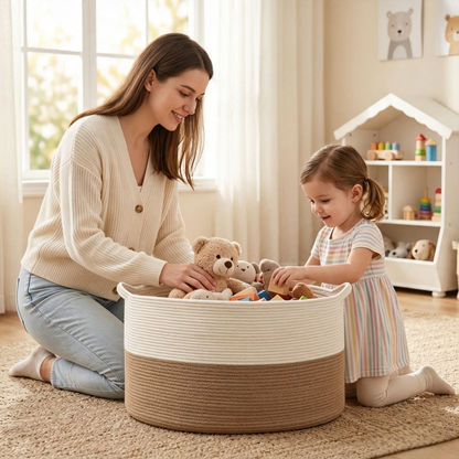 A woman and a young child sit on a carpeted floor in a bright nursery, playing with a teddy bear inside a round two-tone basket. The basket has a cream upper section and a natural tan lower section, and is filled with stuffed toys.