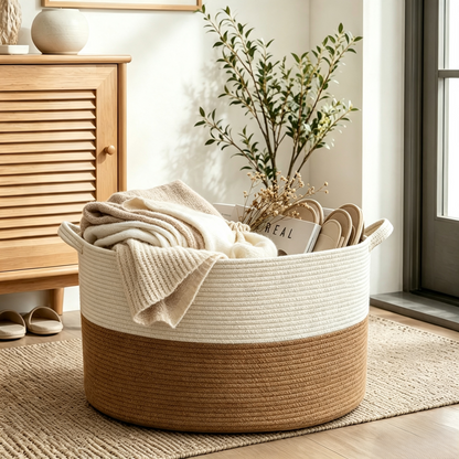 A round woven storage basket with a cream top half and natural tan bottom half, filled with folded cream textiles and a vase of branches, placed on a rug in a bright room.
