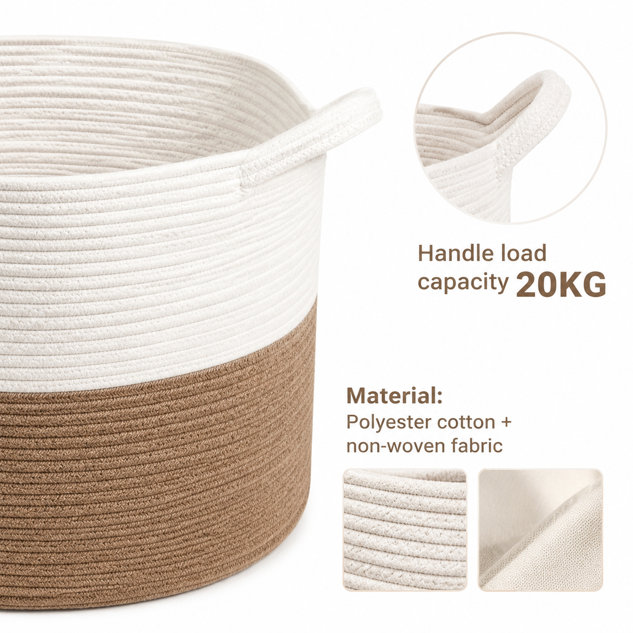 A woven storage basket shown on a white background with text callouts. The basket is two-tone, with a white upper section and a tan/brown lower section.