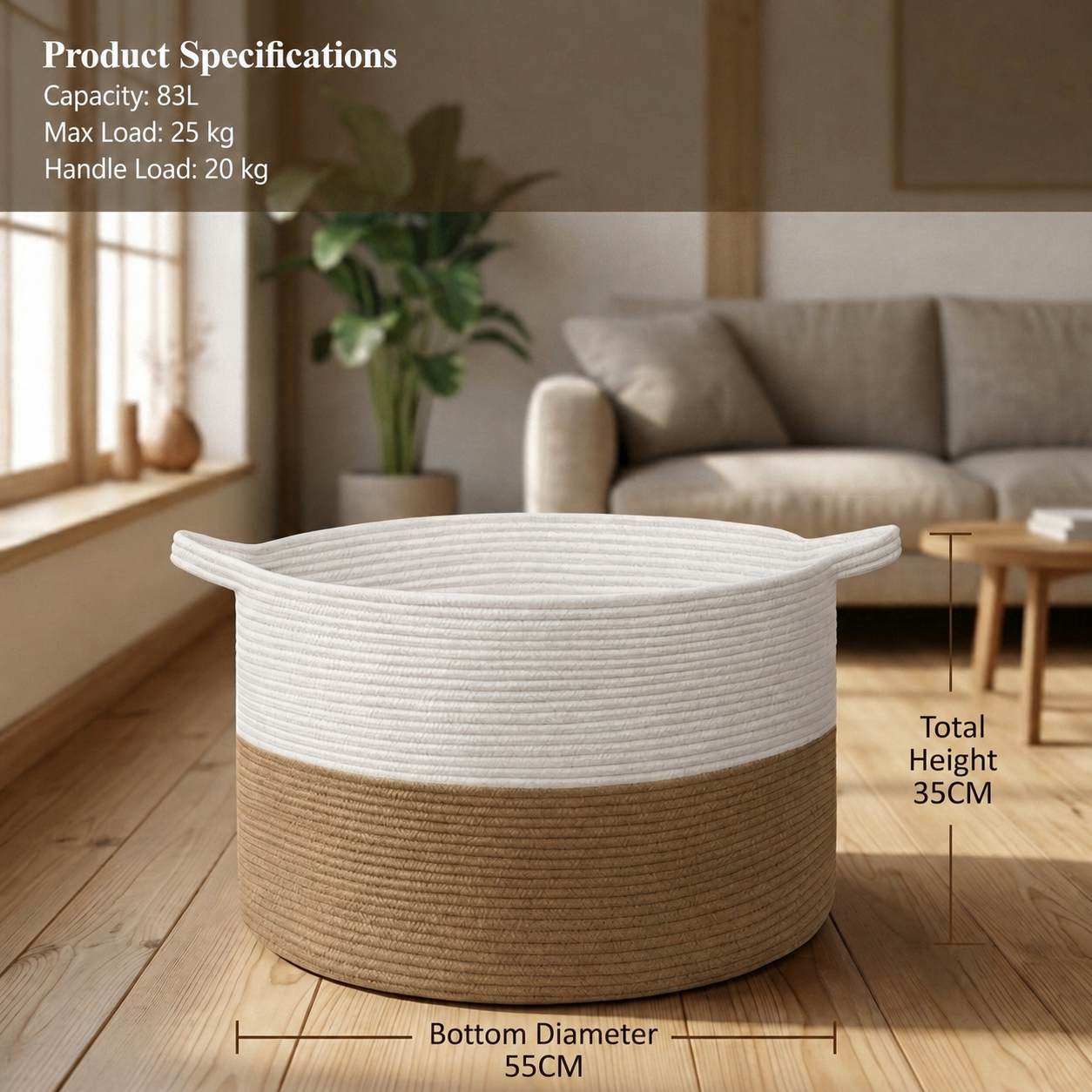 A rope-style laundry basket shown in a staged living room with overlaid product specifications and dimensions. The basket has a two-tone design with a white upper section and a natural tan lower section, plus handle cutouts on the sides.