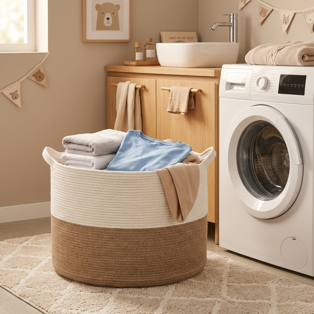 A woven laundry basket with a cream and natural beige lower section, filled with folded towels and a blue shirt, placed in a styled laundry room next to a white washing machine.