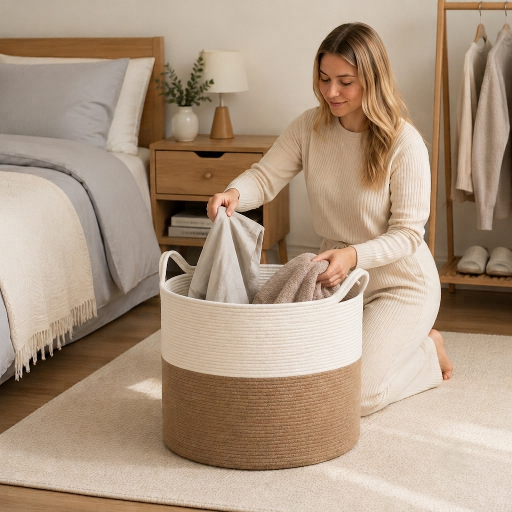 A woman kneels on a cream rug in a bedroom setting, organizing towels inside a large round laundry hamper with a cream top band and natural jute-wrapped lower half.