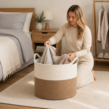 A woman kneels on a cream rug in a bedroom setting, organizing towels inside a large round laundry hamper with a cream top band and natural jute-wrapped lower half.