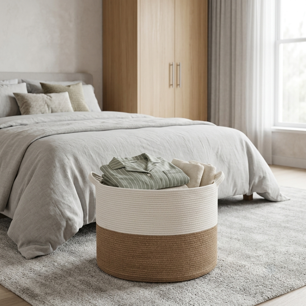A round rope laundry basket with a white top half and natural jute bottom half, filled with folded linens, placed in front of a neatly made bed in a bright, modern bedroom.