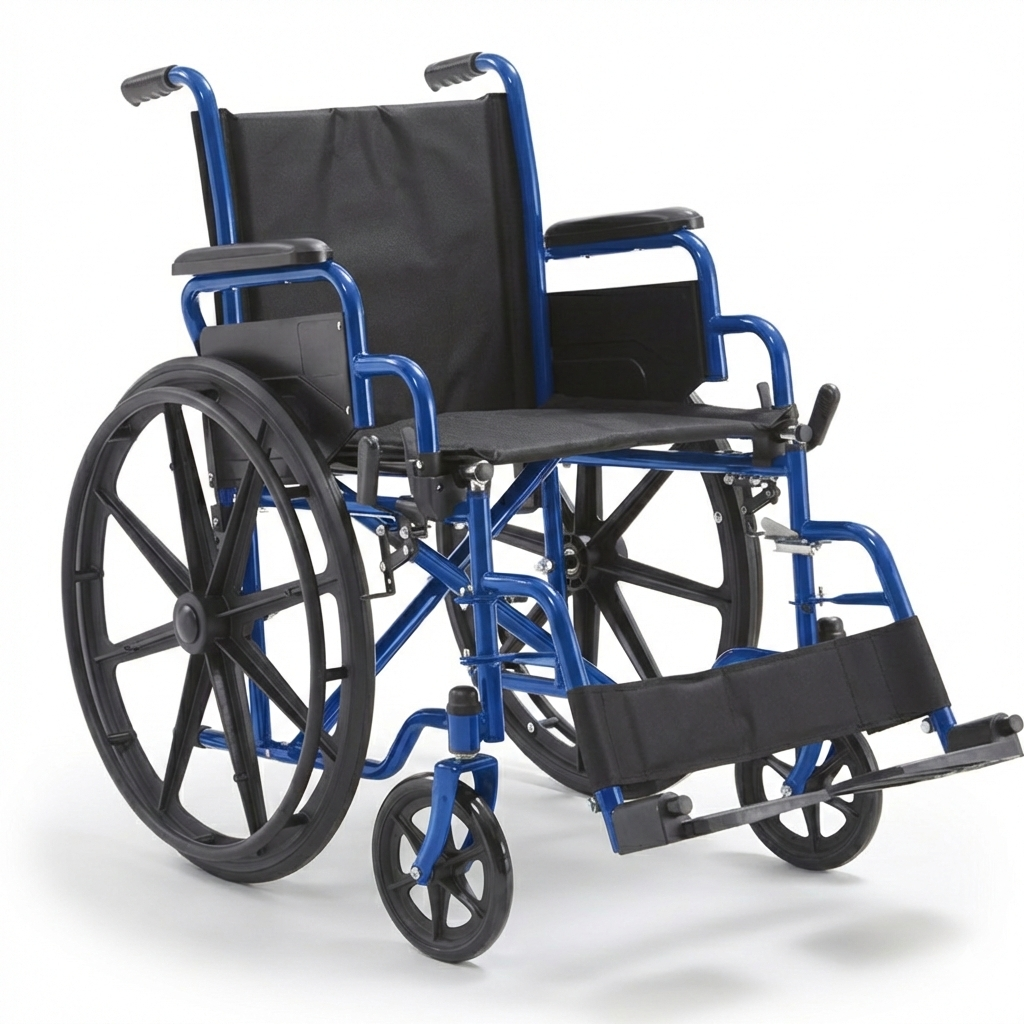Product overview of the manual wheelchair, featuring a durable blue steel frame with black seat and backrest, equipped with 24 inch mag wheels and 8 inch front casters for stable daily mobility.