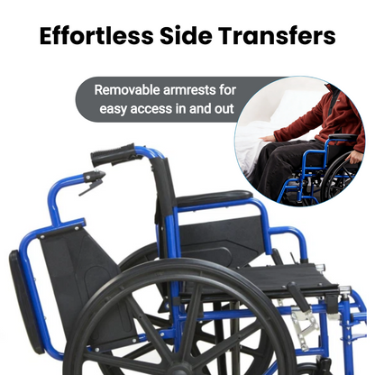 The wheelchair with flip back arms allows easy side transfers from a bed, chair, or sofa, improving accessibility and safety for users.