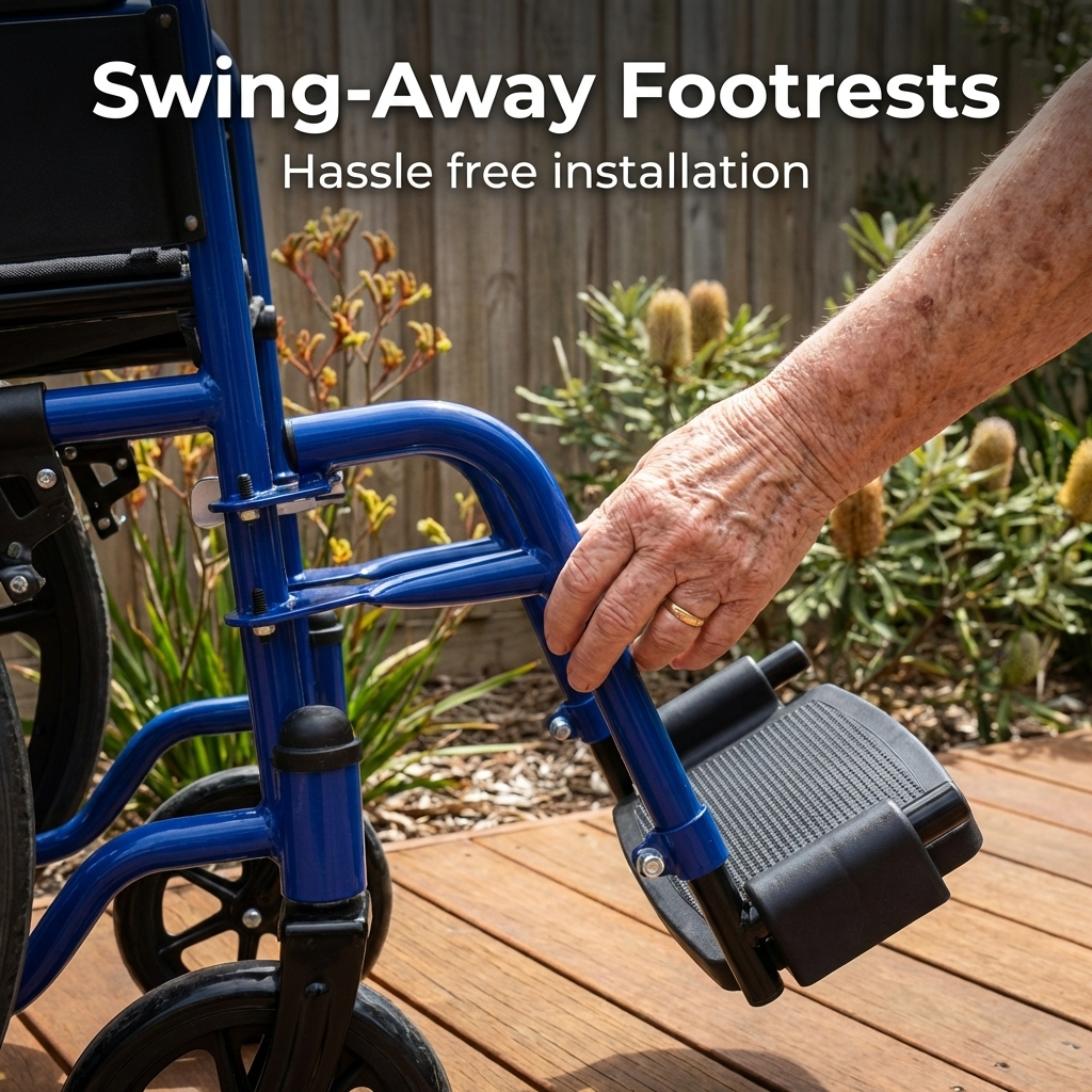 Detail of the swing away footrests, which lift up for easier entry and exit, while also allowing convenient cleaning and maintenance.