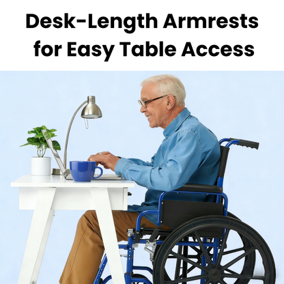 Desk-length armrest design of the manual wheelchair, allowing the user to move closer to tables for dining, reading, or daily activities.