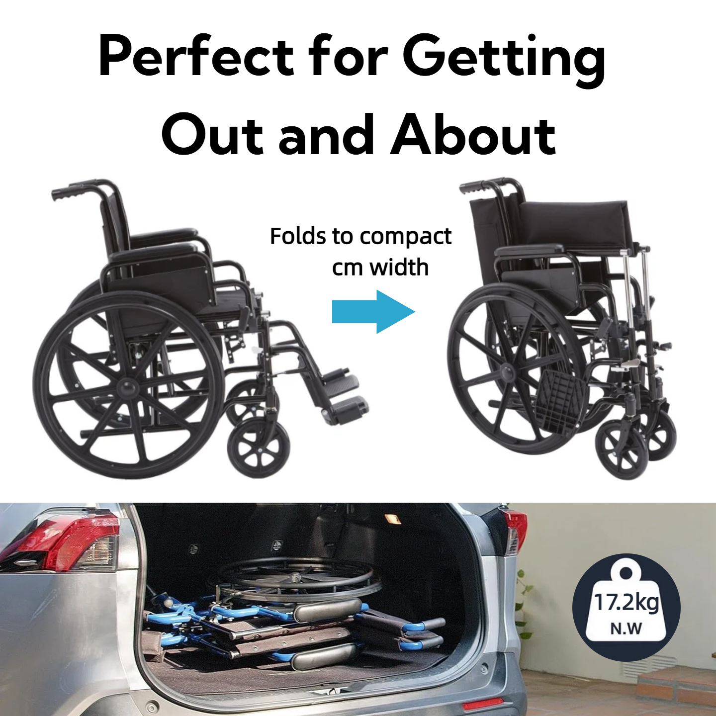 The folding wheelchair collapses quickly into a compact size, weighing 17.2kg and fitting easily into a car boot for travel and storage.