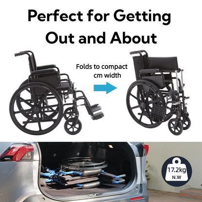 The folding wheelchair collapses quickly into a compact size, weighing 17.2kg and fitting easily into a car boot for travel and storage.