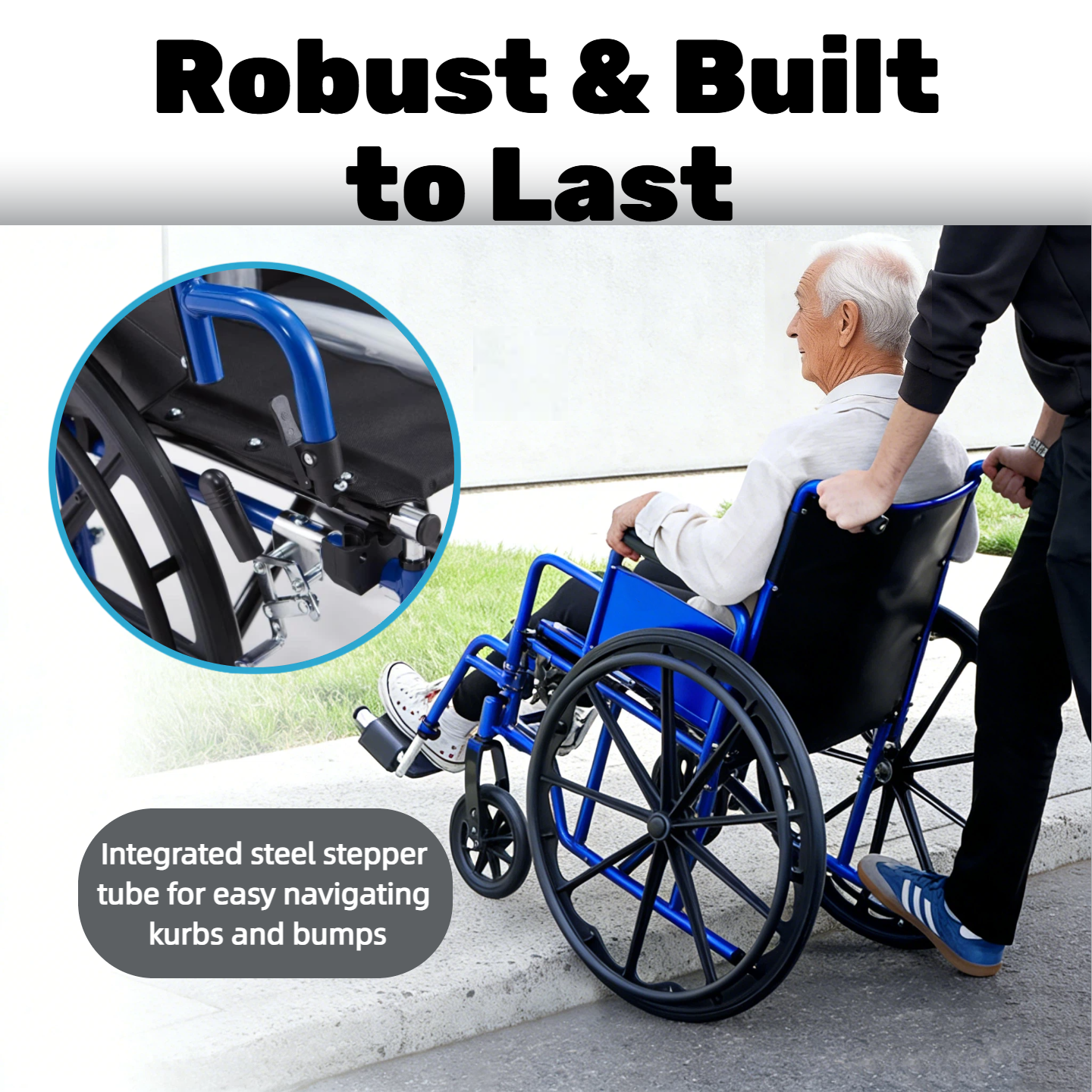 Durable construction of the wheelchair featuring a strong steel footplate tube, allowing caregivers to push the chair over curbs and uneven surfaces with confidence.