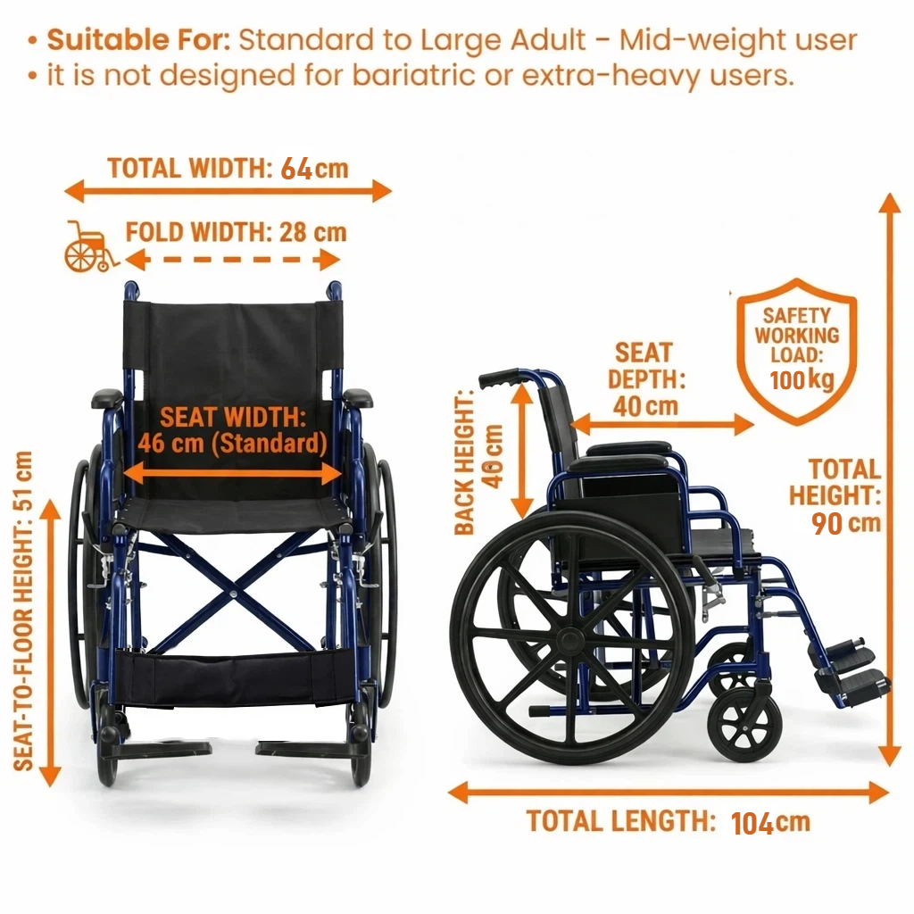 Specifications of the 24 inch mag wheel wheelchair: overall width 64cm, folded width 28cm, seat width 46cm, backrest height 40cm, overall height 90cm, length 104cm, and maximum user weight 100kg.