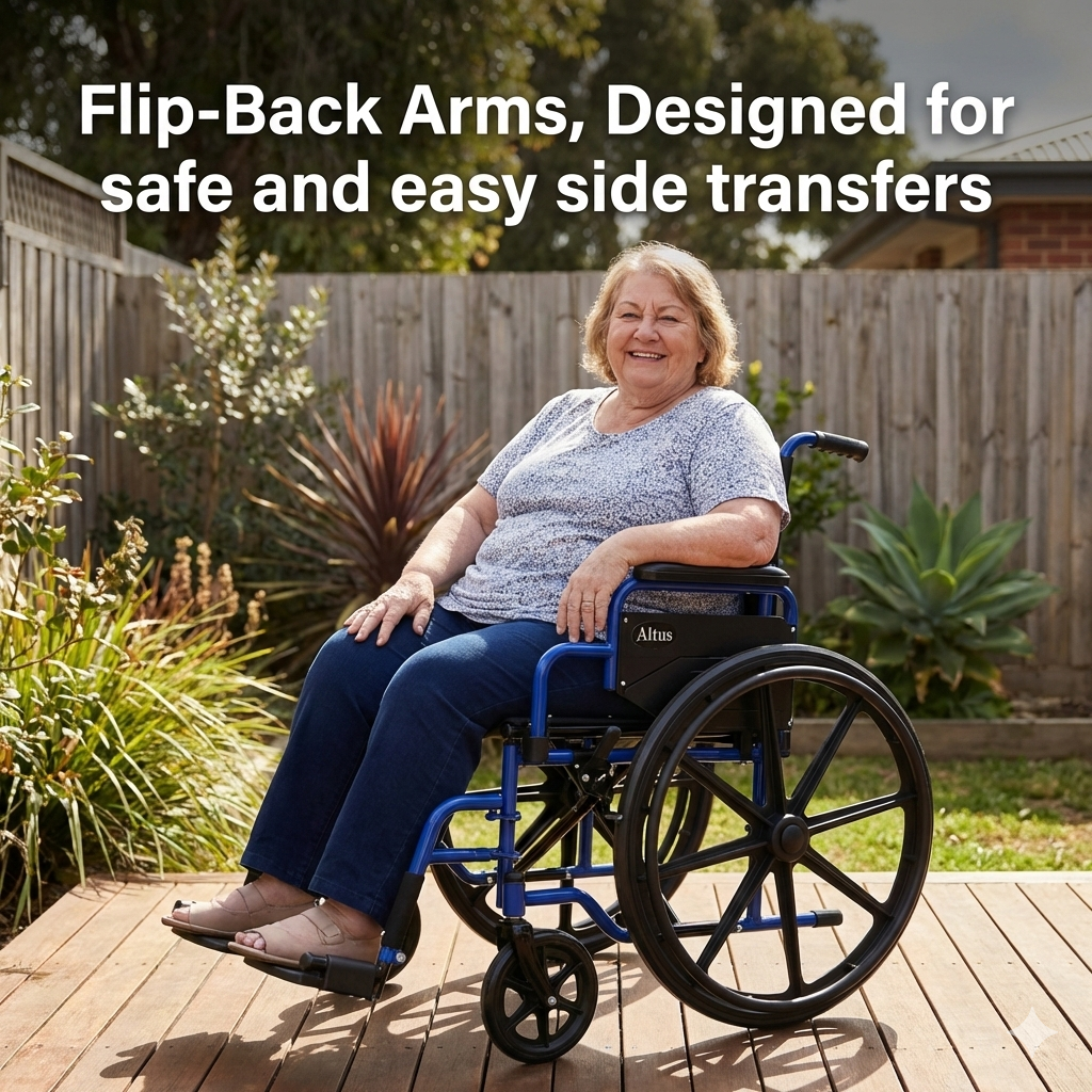 Rear flip back armrest design provides improved side access, making transfers easier and more convenient for seniors and daily wheelchair users.