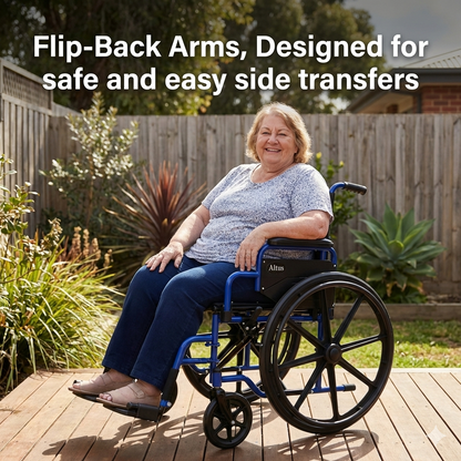 Rear flip back armrest design provides improved side access, making transfers easier and more convenient for seniors and daily wheelchair users.