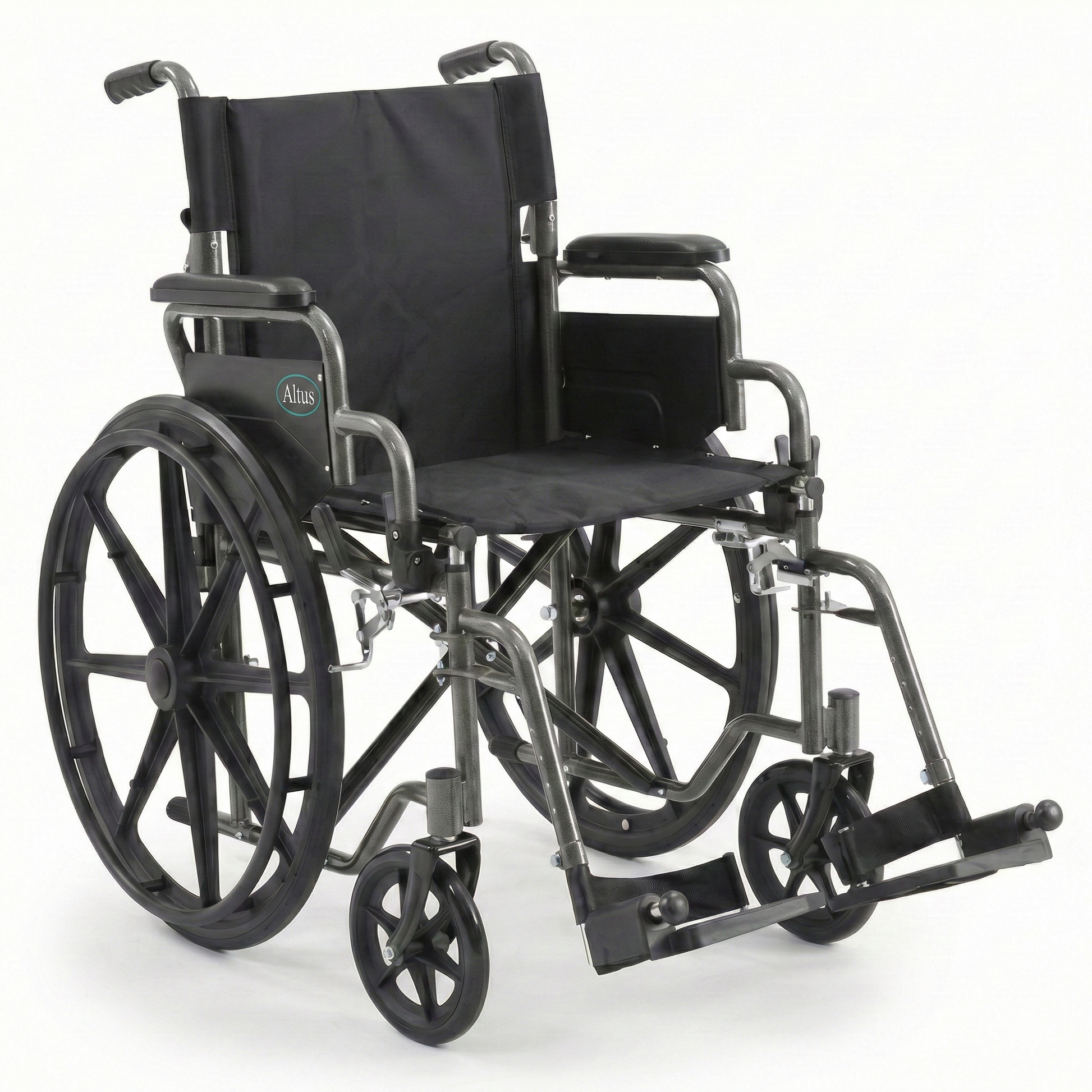 Product overview of the Altus manual wheelchair, featuring a dark grey steel frame with black seat and backrest, equipped with 24 inch mag wheels and 8 inch front casters for stable daily mobility.