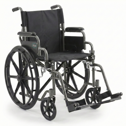 Product overview of the Altus manual wheelchair, featuring a dark grey steel frame with black seat and backrest, equipped with 24 inch mag wheels and 8 inch front casters for stable daily mobility.