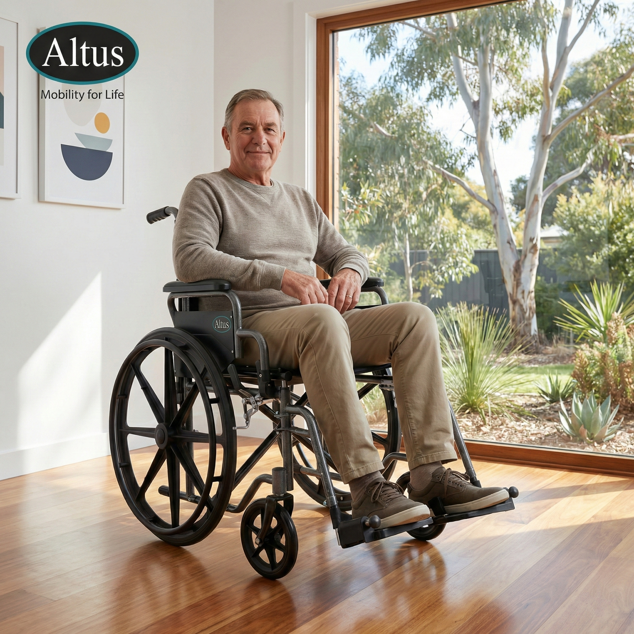 A senior man comfortably seated in the Altus manual wheelchair in a bright indoor setting, demonstrating its supportive design for everyday mobility at home.