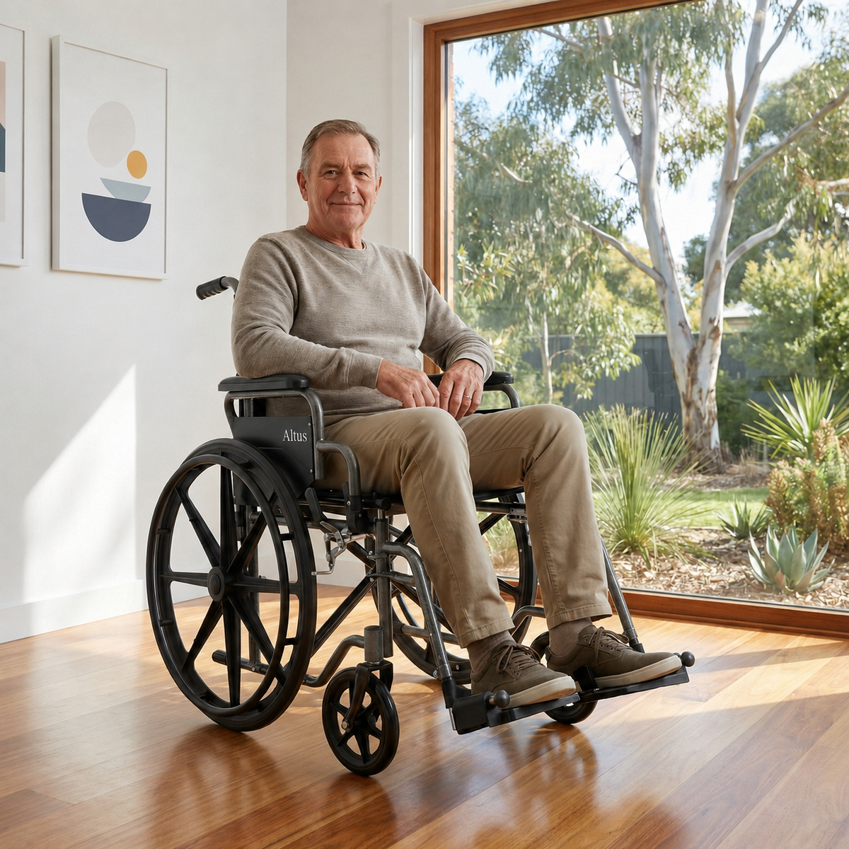 A man sitting in a black Allass wheelchair in a bright, modern room with a large window overlooking a garden.