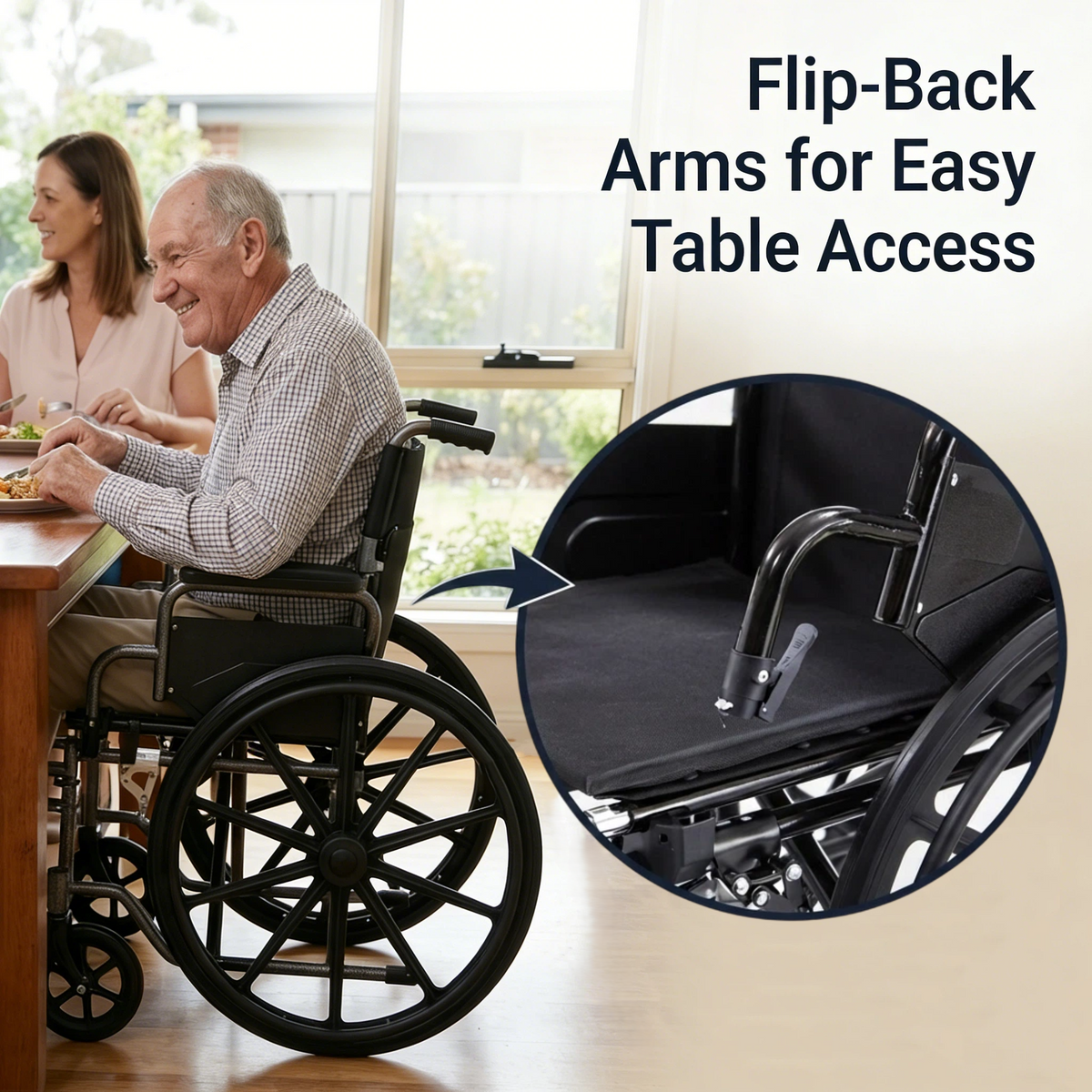 Man in a wheelchair with flip-back arms for easy table access, woman sitting next to him.
