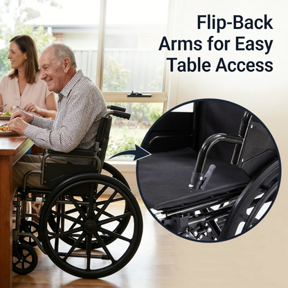 Man in a wheelchair with flip-back arms for easy table access, woman sitting next to him.