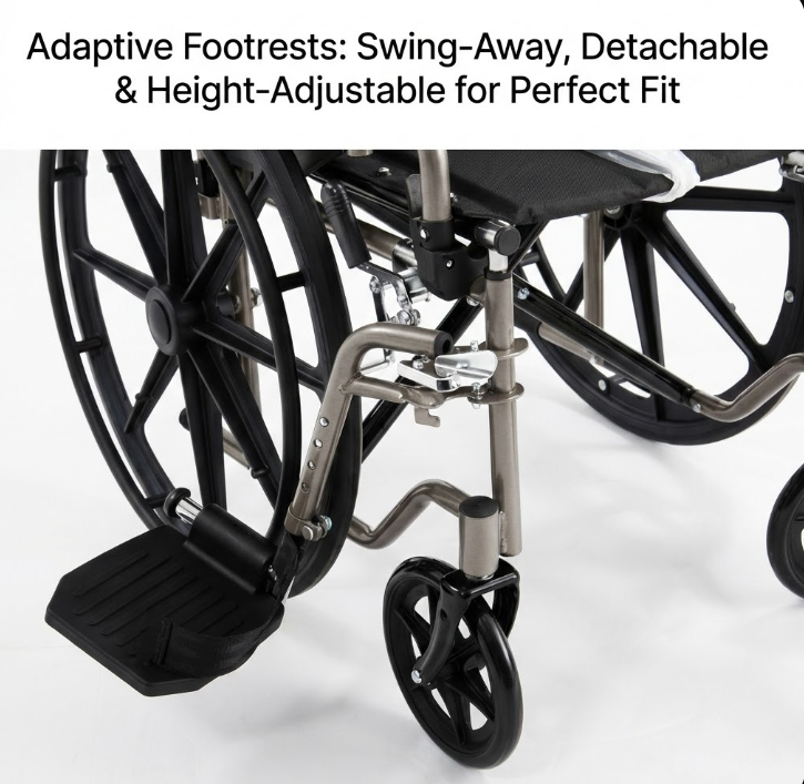 Multi functional swing away footrests can be lifted, removed, and height adjusted, allowing the wheelchair to adapt to different user needs.