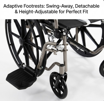 Multi functional swing away footrests can be lifted, removed, and height adjusted, allowing the wheelchair to adapt to different user needs.