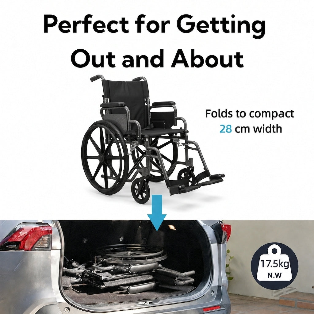 A foldable manual wheelchair shown on a white background with text stating it folds to compact 28 cm width. Below, the wheelchair is stacked inside the open trunk of a silver car, demonstrating portability.