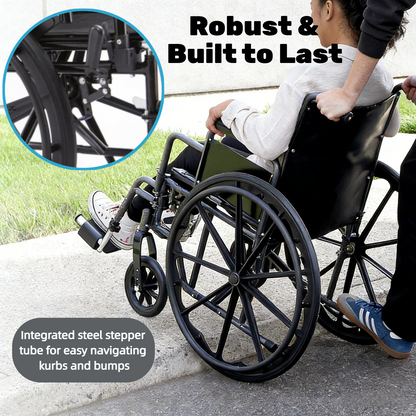 Durable construction includes a strong integrated steel footplate tube, allowing caregivers to push the wheelchair over small curbs and uneven surfaces with confidence.