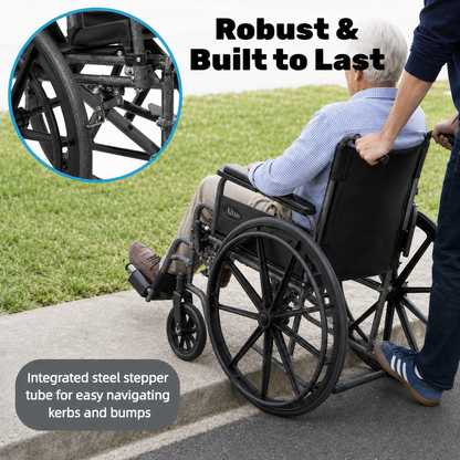 A black manual wheelchair with a seated elderly person and a caregiver pushing it outdoors on a paved path beside grass. The image includes text reading 'Robust & Built to Last' and a circular inset showing a close-up of the wheelchair wheel and frame, plus a note about an integrated steel stepper tube.