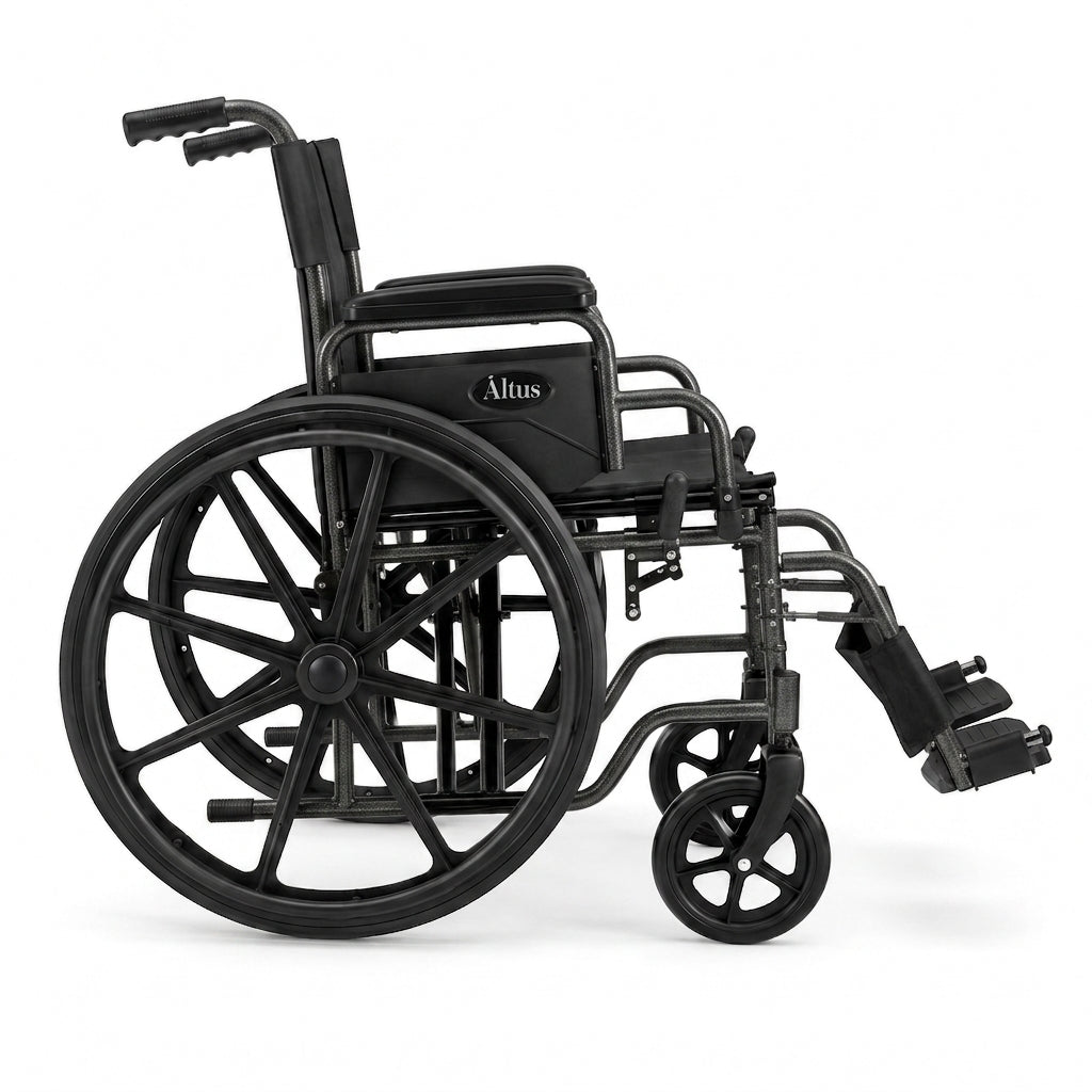 A black Altus manual wheelchair shown from a three-quarter side view on a clean white background.