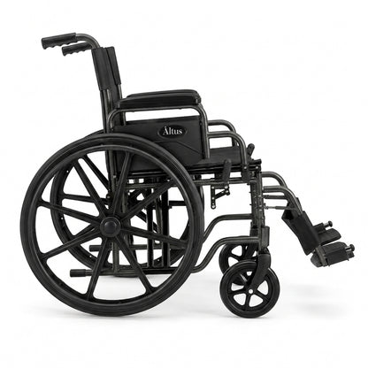 A black Altus manual wheelchair shown from a three-quarter side view on a clean white background.