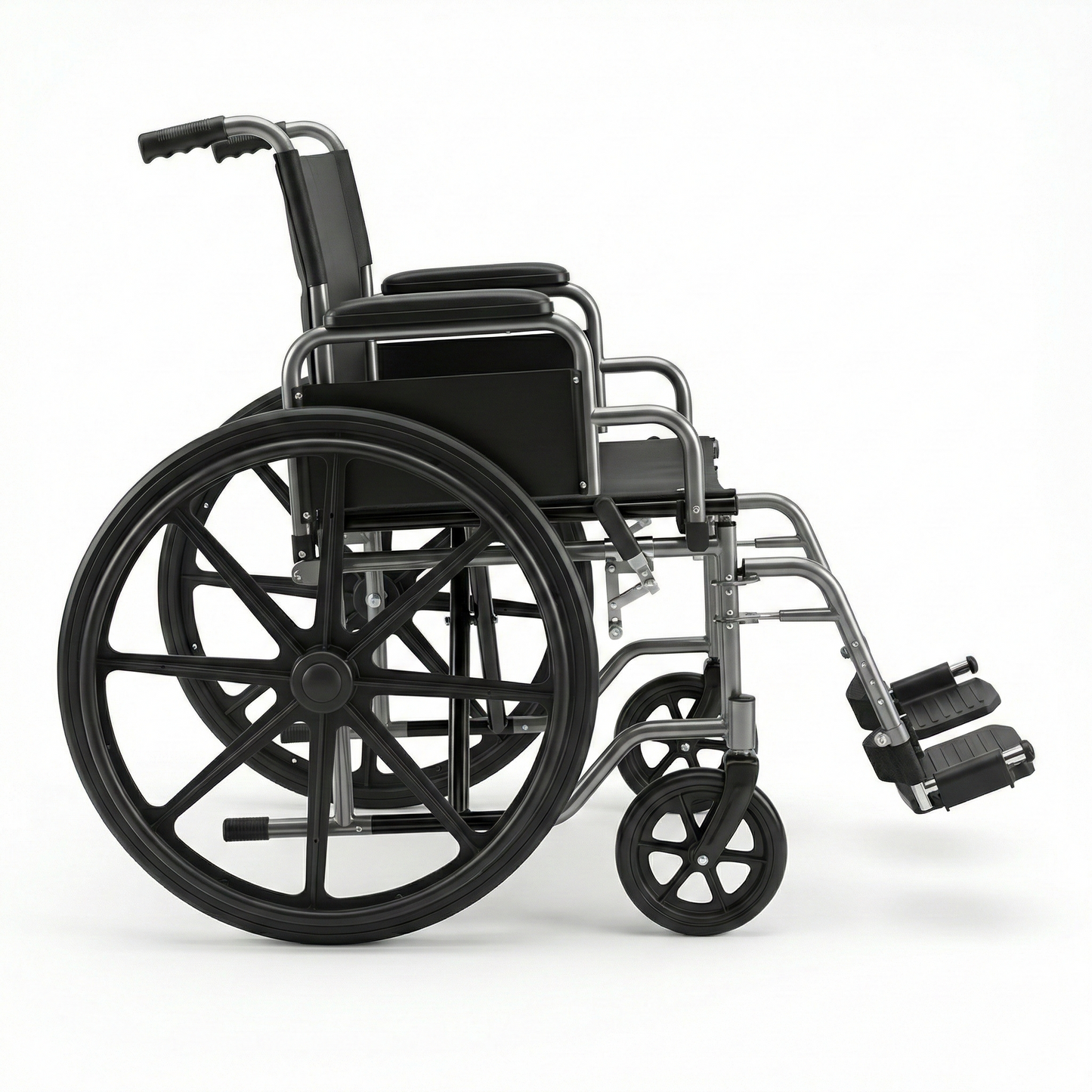 Side view of the Altus manual wheelchair, showing the silver grey frame and black components that highlight its sturdy structure and clean design.