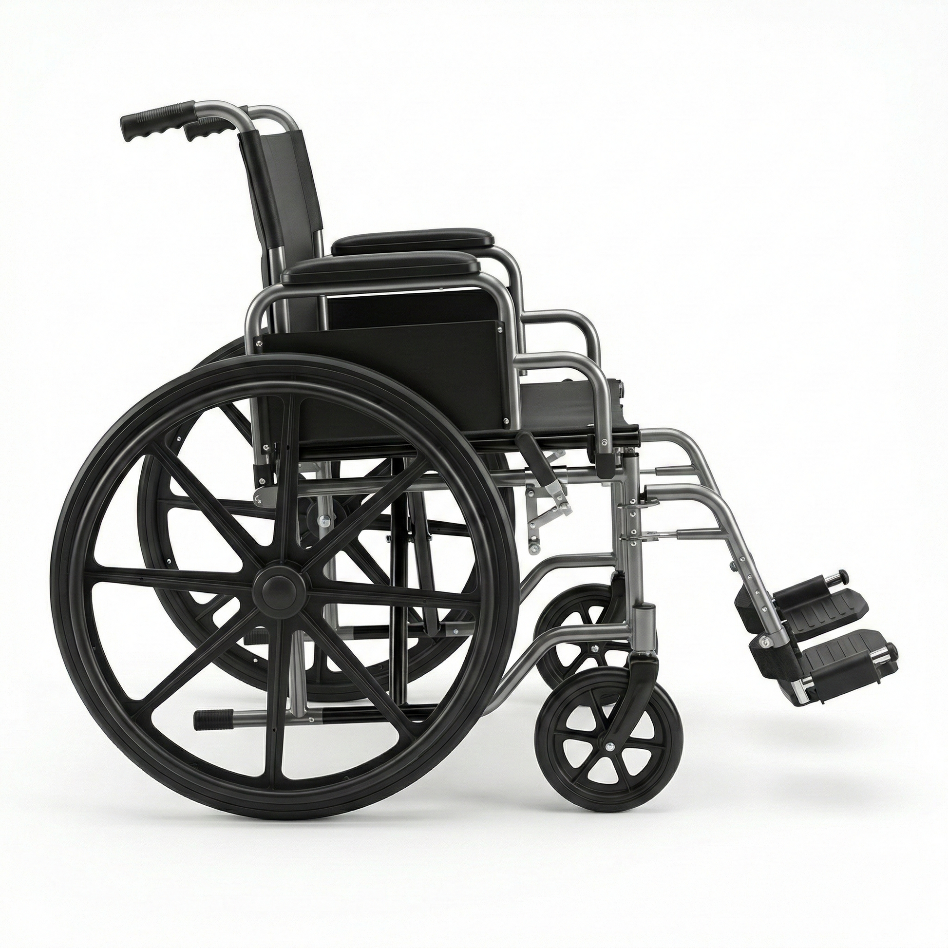 Side view of the Altus manual wheelchair, showing the silver grey frame and black components that highlight its sturdy structure and clean design.