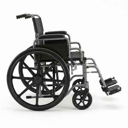 Side view of the Altus manual wheelchair, showing the silver grey frame and black components that highlight its sturdy structure and clean design.